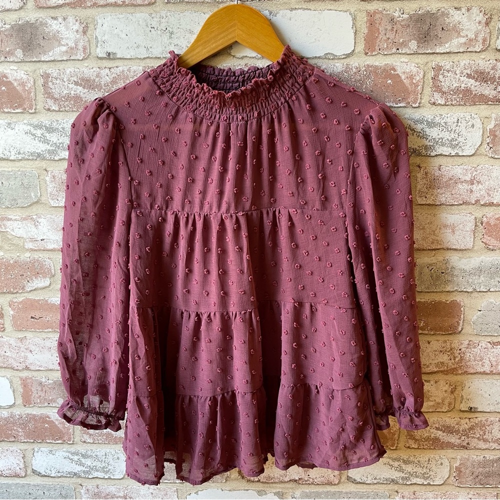 Monteau Maroon Mock Neck Long Sleeve Blouse Swiss Dot Sheer Women’s Size